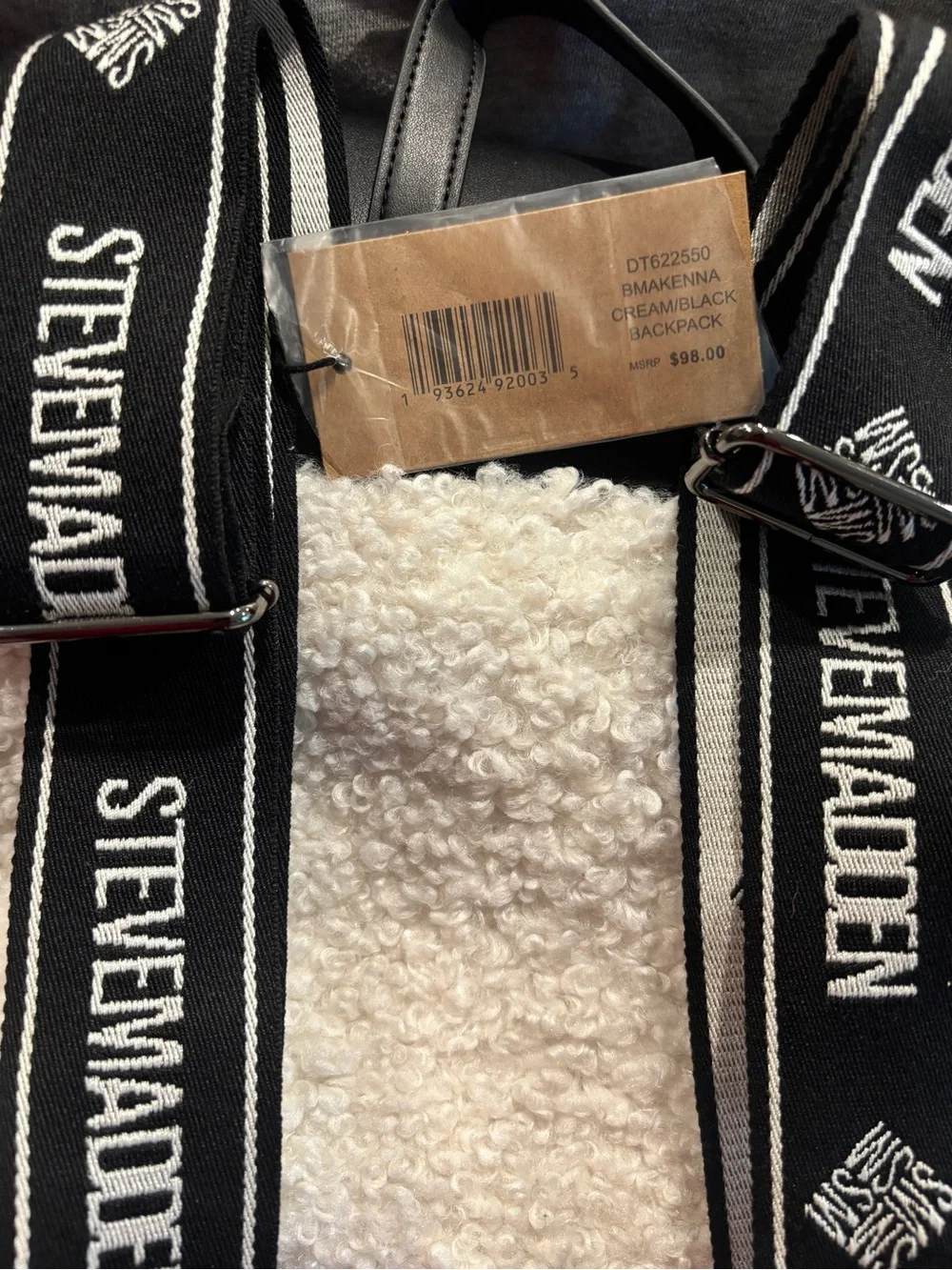 NWT Steve Madden Black/Cream Faux-Shearling Backpack BMAKENNA Retail $98